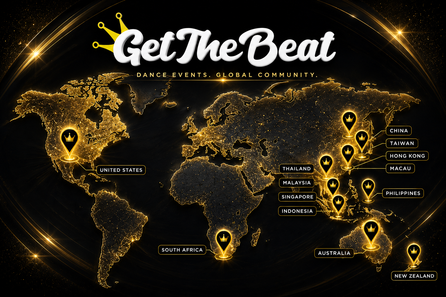GTB global tour map with pins across United States, Australia, New Zealand, South Africa, and Asia
